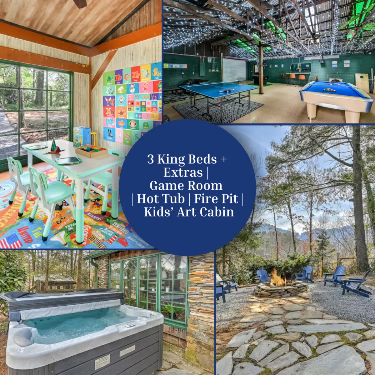 The image showcases the inviting exterior of a modern cabin surrounded by lush trees, with the glow of a large fire pit area, a bubbling hot tub, and the adjacent game room and kids’ art cabin visible. The scene captures families gathered around the fire, friends laughing in the hot tub, and children engaged in creative play, all set against the peaceful North Carolina countryside.